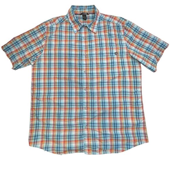 MARMOT Shirt Men's Button Down Plaid Short Sleeve L Blue Orange - Picture 4 of 11